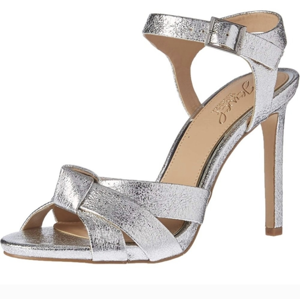 Jewel Badgley Mischka Textured Leather Metallic Silver Knotted High Heel Sandal - Picture 1 of 9